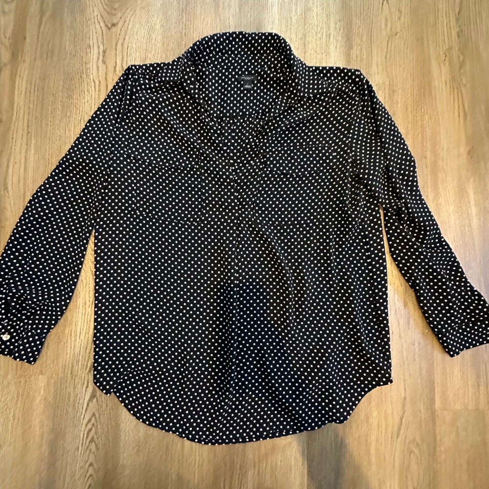 Black Polka Dot Collared Blouse with 1/4 button neckline